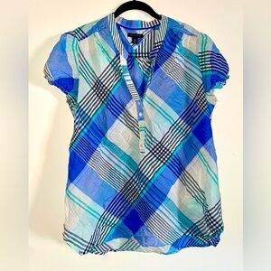 Tommy Hilfiger Blue Cap Sleeve Henley Plaid Top Sz L
